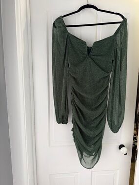 Metallic Dark Green Long Sleeve Ruched Mini Dress